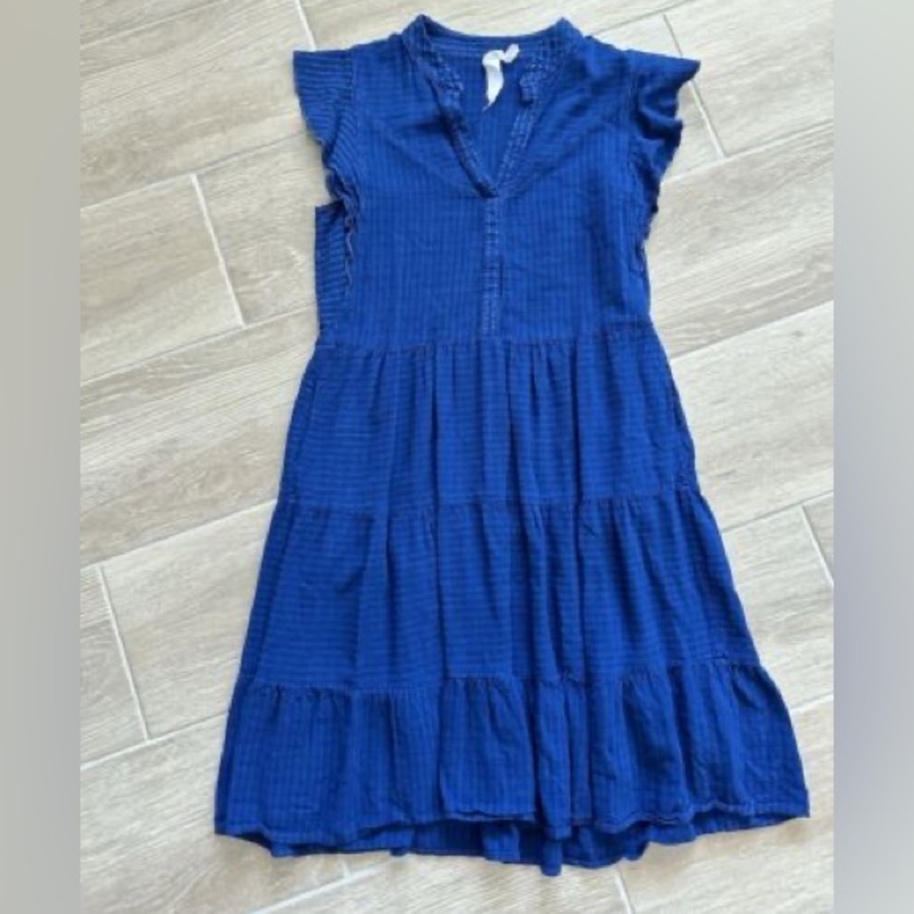 Amadi Anthropologie Blue Textured Ruffle Sleeve Tiered Mini Dress XS Coastal